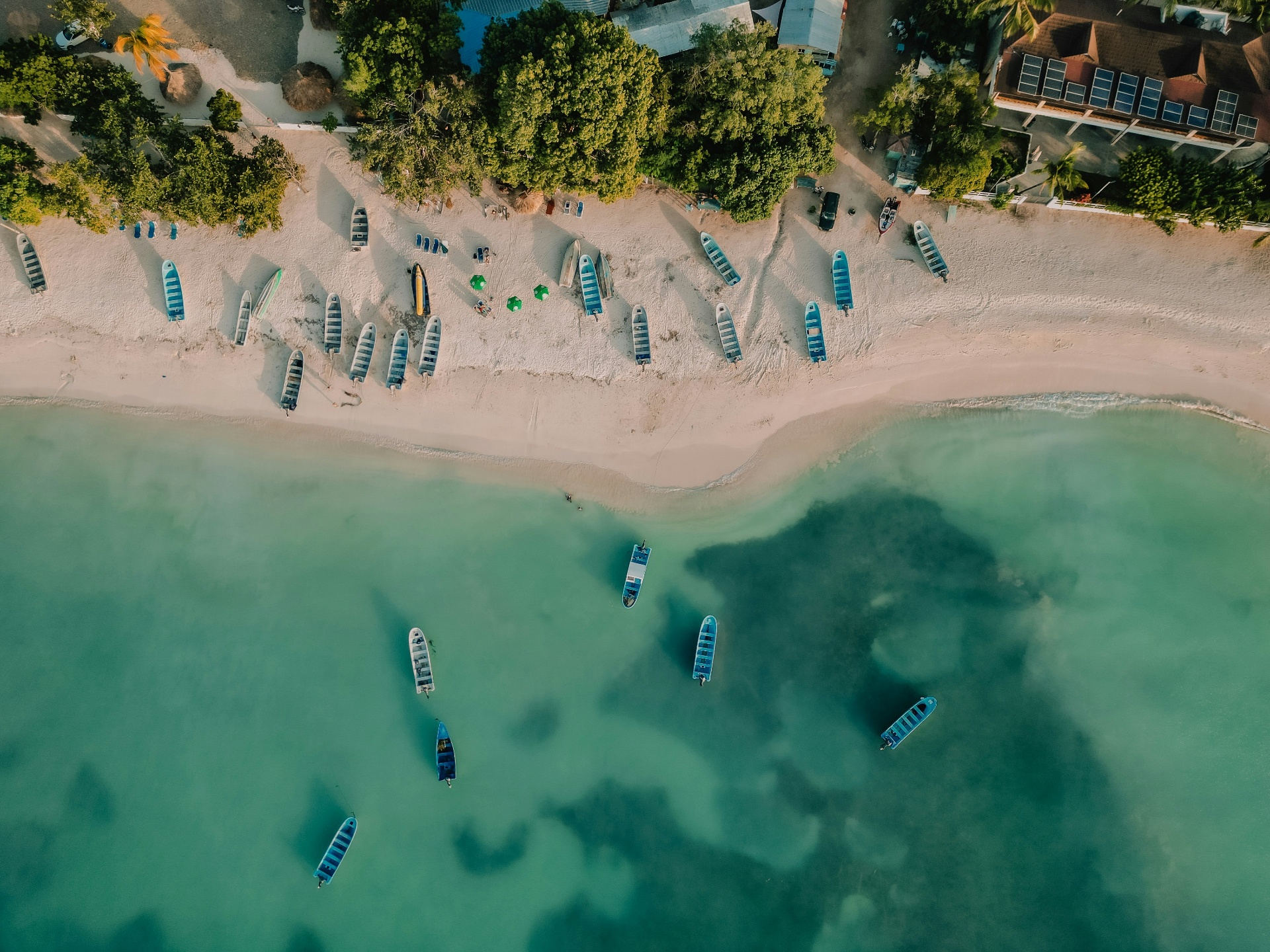 Aerial view of fishing boats on a Mexican beach